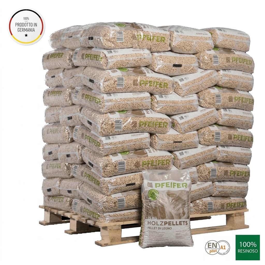 Palette di Pellet Pfeifer Holz – 100% Abete Rosso, Certificato ENplus A1 – 65 Sacchi da 15 kg